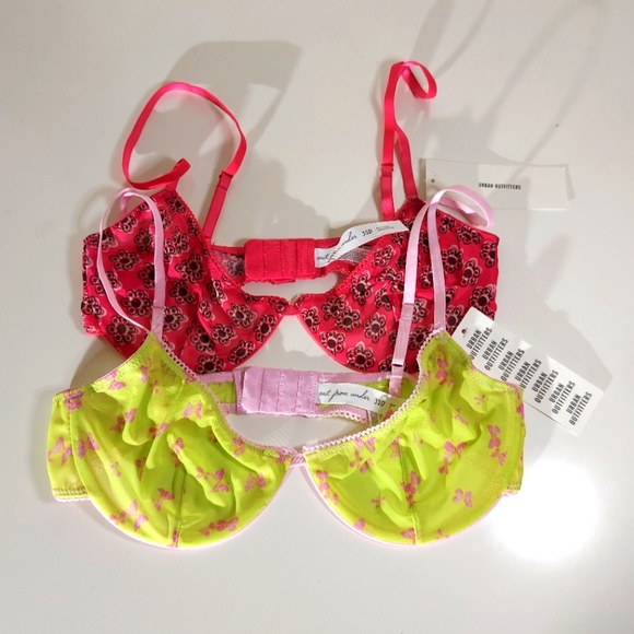 Out From Under Pink & Neon Yellow Patterned Transparent Bra Lot - Picture 1 of 13